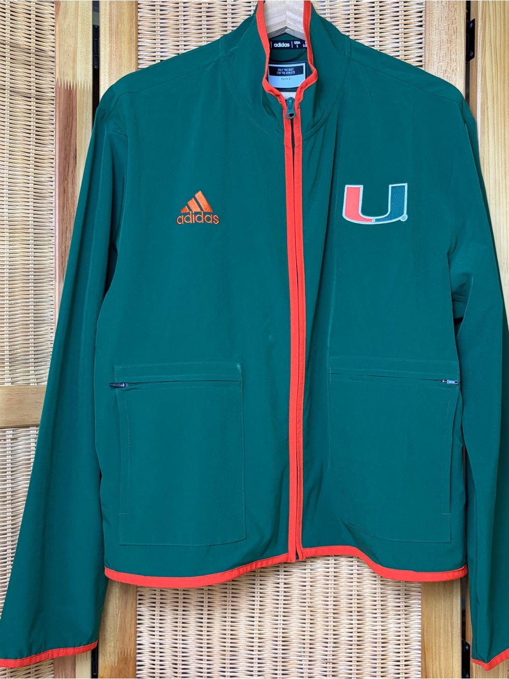 NEW! Adidas Uof Miami Green Coach’s Sidelines Jacket with Orange Trim size L NWT
